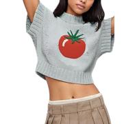 ensswliz Women Ribbed Knit Sweater Vest Cherry Fish Pattern Sleeveless Crew Neck Loose Fit Pullover Tank Tops for Fall Winter (D-Light Blue, L)