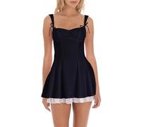 ensswliz Women’s Corset Mini Dress Fashion Sleeveless Backless Tiered Ruffle Hem Dress Summer Solid Color Bow Tie Strap Skater Tank Dresses (A-Black, XL)