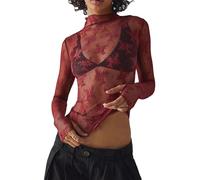 ensswliz Women Sexy Mock Turtle Neck Long Sleeve Sheer Mesh Lace Floral See Through Swiss Dots Going Out Layering Slim Fit Tops Streetwear (B-Wine Red, S)