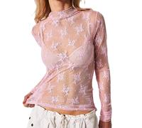 ensswliz Women Sexy Mock Turtle Neck Long Sleeve Sheer Mesh Lace Floral See Through Swiss Dots Going Out Layering Slim Fit Tops Streetwear (B-Pink, L)
