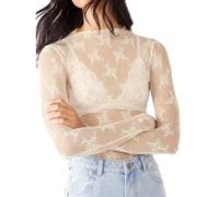 ensswliz Women Sexy Mock Turtle Neck Long Sleeve Sheer Mesh Lace Floral See Through Swiss Dots Going Out Layering Slim Fit Tops Streetwear (B-White, M)