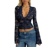 ensswliz Women Sexy Mock Turtle Neck Long Sleeve Sheer Mesh Lace Floral See Through Swiss Dots Going Out Layering Slim Fit Tops Streetwear