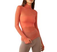 ensswliz Women Sexy Mock Turtle Neck Long Sleeve Sheer Mesh Lace Floral See Through Swiss Dots Going Out Layering Slim Fit Tops Streetwear (A-Orange, L)