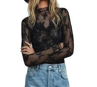 ensswliz Women Sexy Mock Turtle Neck Long Sleeve Sheer Mesh Lace Floral See Through Swiss Dots Going Out Layering Slim Fit Tops Streetwear (B-Black, M)