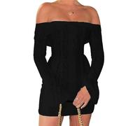 ensswliz Women Sexy Off Shoulder Floral Lace Dress Y2K Long Sleeves Mini Dress Mesh Sheer Black Club Dresses (A-Black, M)