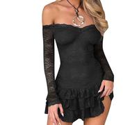 ensswliz Women Sexy Off Shoulder Floral Lace Dress Y2K Long Sleeves Mini Dress Mesh Sheer Black Club Dresses (C-Black, S)