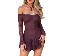 ensswliz Women Sexy Off Shoulder Floral Lace Dress Y2K Long Sleeves Mini Dress Mesh Sheer Black Club Dresses (C-Fuchsia, M)