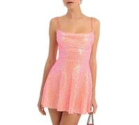 ensswliz Women Shiny Sequins Dress Summer Backless A-Line Mini Party Dress for Cocktail Beach Streetwear (A Pink Orange, S)
