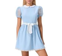 ensswliz Womens Halloween Dorothy Dress Costume Puff Sleeve Lace Hem Smoked Blue Plaid Corset Mini Dress Fairytale Cosplay Dresses (F-White, S)
