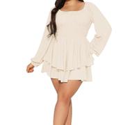 ensswliz Womens Plus Size Romper Off Shoulder Ruffle Flowy Romper Long Sleeve Short Jumpsuit (A-Apricot, XL)