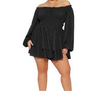 ensswliz Womens Plus Size Romper Off Shoulder Ruffle Flowy Romper Long Sleeve Short Jumpsuit (A-Black, XXXL)
