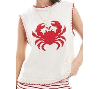 ensswliz Women's Ribbed Knit Sweater Vest Cherry Lobster Contrast Color Sleeveless Crew Neck Loose Fit Pullover Tank Tops (A-Milky White, L)