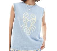 ensswliz Women's Ribbed Knit Sweater Vest Cherry Lobster Contrast Color Sleeveless Crew Neck Loose Fit Pullover Tank Tops (A-Creamy-White, S)