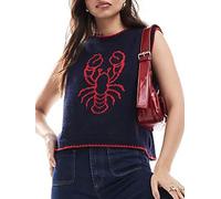 ensswliz Women's Ribbed Knit Sweater Vest Cherry Lobster Contrast Color Sleeveless Crew Neck Loose Fit Pullover Tank Tops (A-Blue, L)