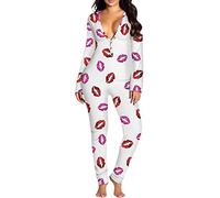 ensswliz Women's Sexy Valentine Day Butt Button Back Flap Jumpsuit Pajamas Long Sleeve Romper Bodycon Pajamas One Piece (A-White Lip, L)