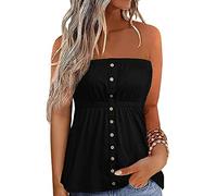 ensswliz Womens Tube Tops Strapless Striped Tanks Sexy Casual Backless Bandeau Sleeveless Shirts Summer Flowy Smocked Blouse (C-Black, L)