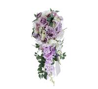 Wedding Bouquet for Bridal, Teardrop Bridal Bouquet Cascading Artificial Rose Bouquet for Bride Holding Wedding Centerpiece Decor White and Purple, 9.1x21.6 Inch