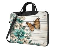 Entemne 13 Inch Laptop Bag Rustic Teal Flower Butterfly Vintage Brown Wooden Laptop Sleeve Case For Women Men Lightweight Water Resistant Computer Tablet Shoulder Bag Briefcase
