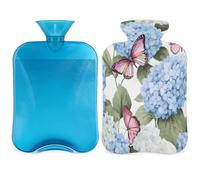 Entemne 2L Hot Water Bottle Blue Hydrangea Flowers Pink Butterfly Hot Water Bag with Cover Reusable Therapy Bag for Pain Relief Menstrual Cramps, Muscle Soreness Winter Warmth Gift
