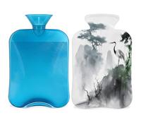 Entemne 2L Hot Water Bottle Chinese Crane Landscape Painting Hot Water Bag with Cover Reusable Therapy Bag for Pain Relief Menstrual Cramps, Muscle Soreness Winter Warmth Gift