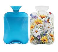 Entemne 2L Hot Water Bottle Daisy Flower Butterflies Art Painting Hot Water Bag with Cover Reusable Therapy Bag for Pain Relief Menstrual Cramps, Muscle Soreness Winter Warmth Gift