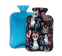 Entemne 2L Hot Water Bottle Funny Day of The Dead Sugar Skull Cats Hot Water Bag with Cover Reusable Therapy Bag for Pain Relief Menstrual Cramps, Muscle Soreness Winter Warmth Gift