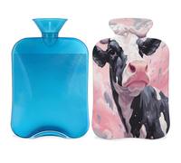 Entemne 2L Hot Water Bottle Funny Pink Cow Animal Painting Hot Water Bag with Cover Reusable Therapy Bag for Pain Relief Menstrual Cramps, Muscle Soreness Winter Warmth Gift