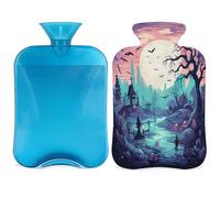 Entemne 2L Hot Water Bottle Halloween Moon Bats Art Painting Hot Water Bag with Cover Reusable Therapy Bag for Pain Relief Menstrual Cramps, Muscle Soreness Winter Warmth Gift