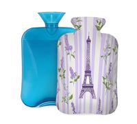 Entemne 2L Hot Water Bottle Lilac Lavender Flowers Eiffel Tower Hot Water Bag with Cover Reusable Therapy Bag for Pain Relief Menstrual Cramps, Muscle Soreness Winter Warmth Gift