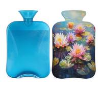 Entemne 2L Hot Water Bottle Lotus Flowers Leaf Art Painting Hot Water Bag with Cover Reusable Therapy Bag for Pain Relief Menstrual Cramps, Muscle Soreness Winter Warmth Gift