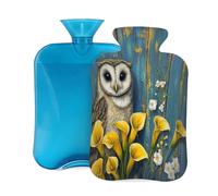 Entemne 2L Hot Water Bottle Owl Yellow Calla Lilies Wooden Board Hot Water Bag with Cover Reusable Therapy Bag for Pain Relief Menstrual Cramps, Muscle Soreness Winter Warmth Gift