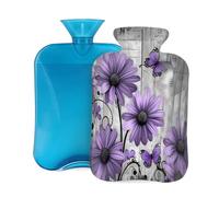 Entemne 2L Hot Water Bottle Purple Flowers Art Painting Hot Water Bag with Cover Reusable Therapy Bag for Pain Relief Menstrual Cramps, Muscle Soreness Winter Warmth Gift