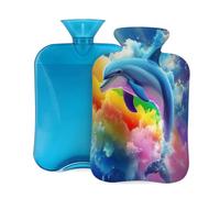 Entemne 2L Hot Water Bottle Rainbow Clouds Jumping Dolphin Hot Water Bag with Cover Reusable Therapy Bag for Pain Relief Menstrual Cramps, Muscle Soreness Winter Warmth Gift