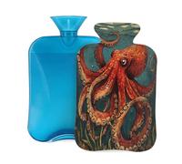 Entemne 2L Hot Water Bottle Retro Red Octopus Ocean Hot Water Bag with Cover Reusable Therapy Bag for Pain Relief Menstrual Cramps, Muscle Soreness Winter Warmth Gift