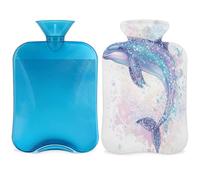 Entemne 2L Hot Water Bottle Sea Dolphin Art Painting Hot Water Bag with Cover Reusable Therapy Bag for Pain Relief Menstrual Cramps, Muscle Soreness Winter Warmth Gift