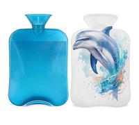 Entemne 2L Hot Water Bottle Watercolor Sea Dolphin Jumping Art Painting Hot Water Bag with Cover Reusable Therapy Bag for Pain Relief Menstrual Cramps, Muscle Soreness Winter Warmth Gift