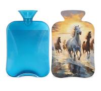 Entemne 2L Hot Water Bottle Wild Horses Running Sea Beach Hot Water Bag with Cover Reusable Therapy Bag for Pain Relief Menstrual Cramps, Muscle Soreness Winter Warmth Gift
