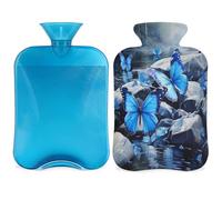 Entemne 2L Hot Water Bottle Winter Blue Butterflies Rocks River Hot Water Bag with Cover Reusable Therapy Bag for Pain Relief Menstrual Cramps, Muscle Soreness Winter Warmth Gift