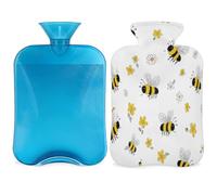 Entemne 2L Hot Water Bottle Yellow Bees Flowers Pattern Hot Water Bag with Cover Reusable Therapy Bag for Pain Relief Menstrual Cramps, Muscle Soreness Winter Warmth Gift