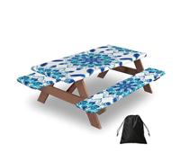 Entemne Blue Turquoise Ethnic Mandala Picnic Table Cover Set with 2 Bench Covers, 5ft Waterproof Windproof Fitted Tablecloth Table Protector with Elastic Edged for Camping BBQ RV Garden Parties
