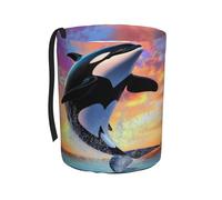 Entemne Car Trash Bin Ocean Orca Whale Jumping Art Waterproof Leakproof Car Trash Can Collapsible Oxford Hanging Vehicle Litter Bag for Seat Headrest 4L Small Organiser Bins