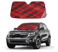 Entemne Car Windscreen Sunshade Red Tartan Check Pattern Front Windshield Sun Shade Foldable UV Ray Reflector Heat Shield for SUV Van Truck Auto Interior Protector 140x70cm