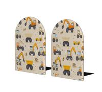 Entemne Catoon Construction Trucks Diggers Beige Wood Book Ends 1 Pair Non-Slip L-Shaped Large Bookend with Metal Base Heavy Duty Decorative Book Stoppers for Shelves Office School