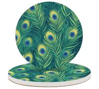 Entemne Coasters Set of 2 Green Peacock Feathers Absorbent Ceramic Drinks Coasters with Cork Backing, Table Protection Heat Resistant Non Slip Bar Cup Mats Housewarming Gift