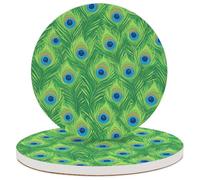 Entemne Coasters Set of 2 Peacock Feathers Green Pattern Absorbent Ceramic Drinks Coasters with Cork Backing, Table Protection Heat Resistant Non Slip Bar Cup Mats Housewarming Gift
