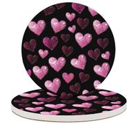 Entemne Coasters Set of 2 Pink Purple Love Heart Pattern Absorbent Ceramic Drinks Coasters with Cork Backing, Table Protection Heat Resistant Non Slip Bar Cup Mats Housewarming Gift