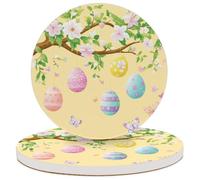 Entemne Coasters Set of 2 Spring Easte Eggs Tree Flowers Absorbent Ceramic Drinks Coasters with Cork Backing, Table Protection Heat Resistant Non Slip Bar Cup Mats Housewarming Gift