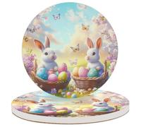 Entemne Coasters Set of 2 Spring Easter Bunny Eggs Flowers Absorbent Ceramic Drinks Coasters with Cork Backing, Table Protection Heat Resistant Non Slip Bar Cup Mats Housewarming Gift