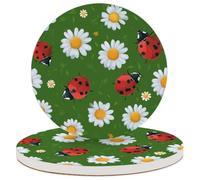 Entemne Coasters Set of 2 Spring Ladybugs Daisy Flowers Absorbent Ceramic Drinks Coasters with Cork Backing, Table Protection Heat Resistant Non Slip Bar Cup Mats Housewarming Gift