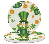 Entemne Coasters Set of 2 St Patricks Leprechaun Hat Spring Flowers Absorbent Ceramic Drinks Coasters with Cork Backing, Table Protection Heat Resistant Non Slip Bar Cup Mats Housewarming Gift